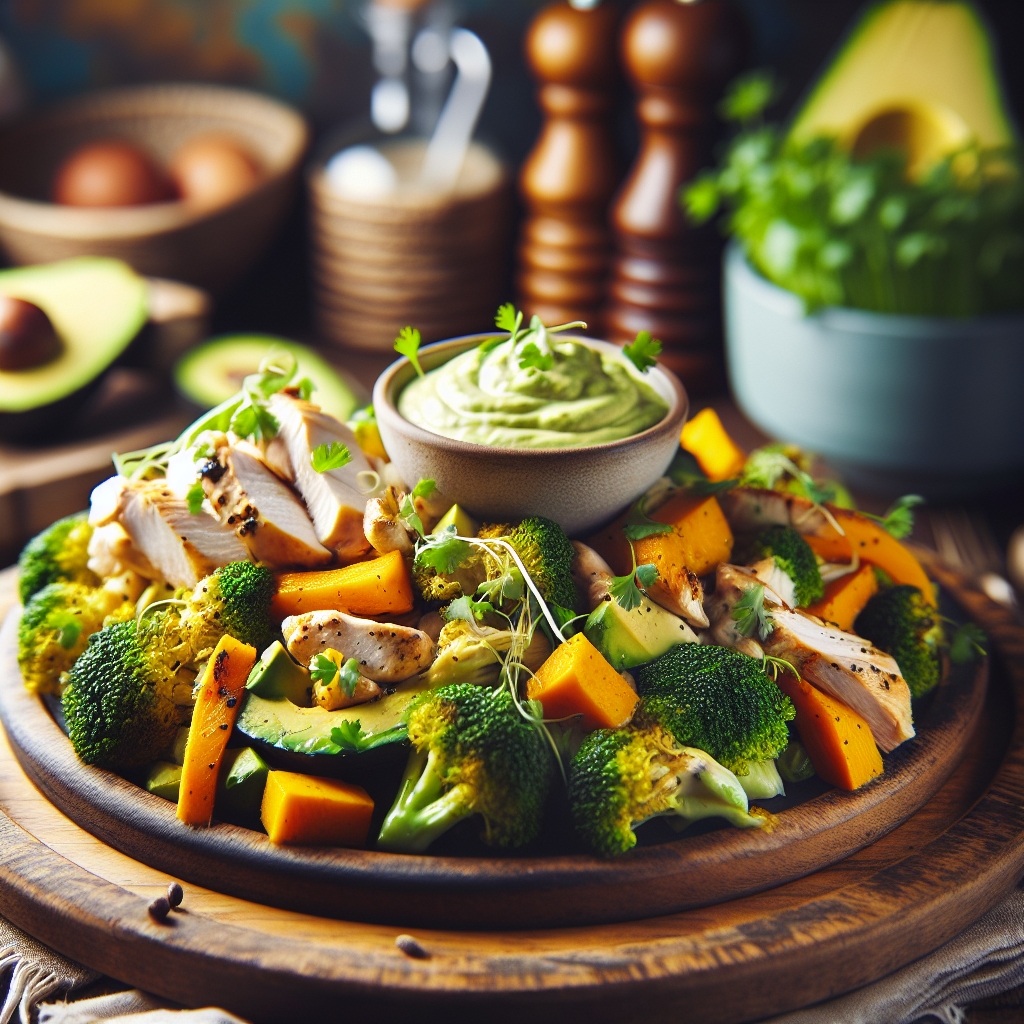 Chicken Infused Squash with Broccoli Florets and Avocado Dip