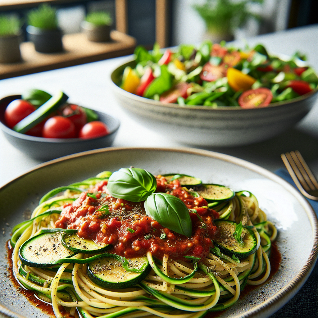 Lean Protein Spaghetti with Zucchini Noodles and Marinara Sauce