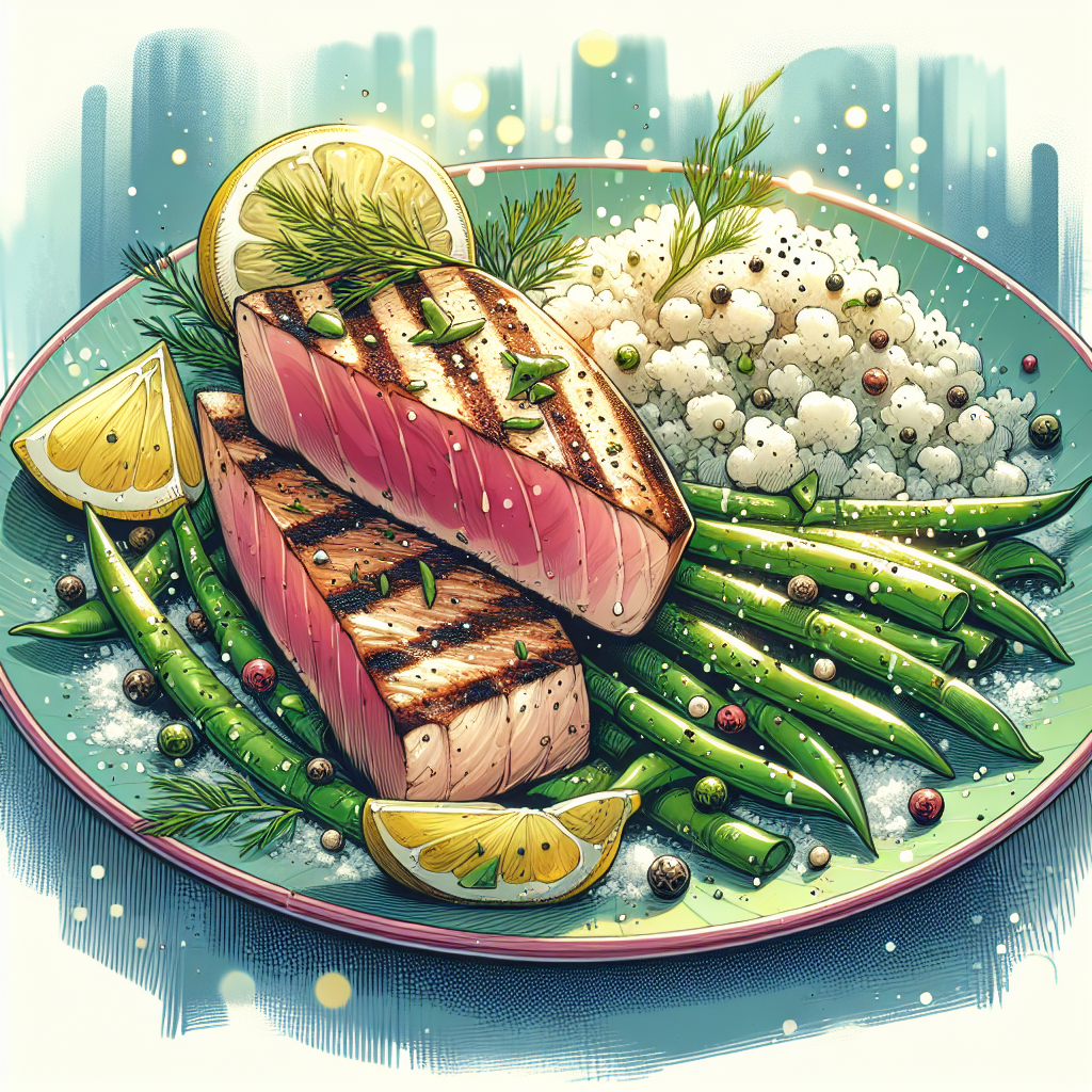 Lemon Dill Grilled Tuna with Green Beans and Cauliflower Rice (Gluten-Free, Dairy-Free, Sugar-Free, Low-FODMAP)