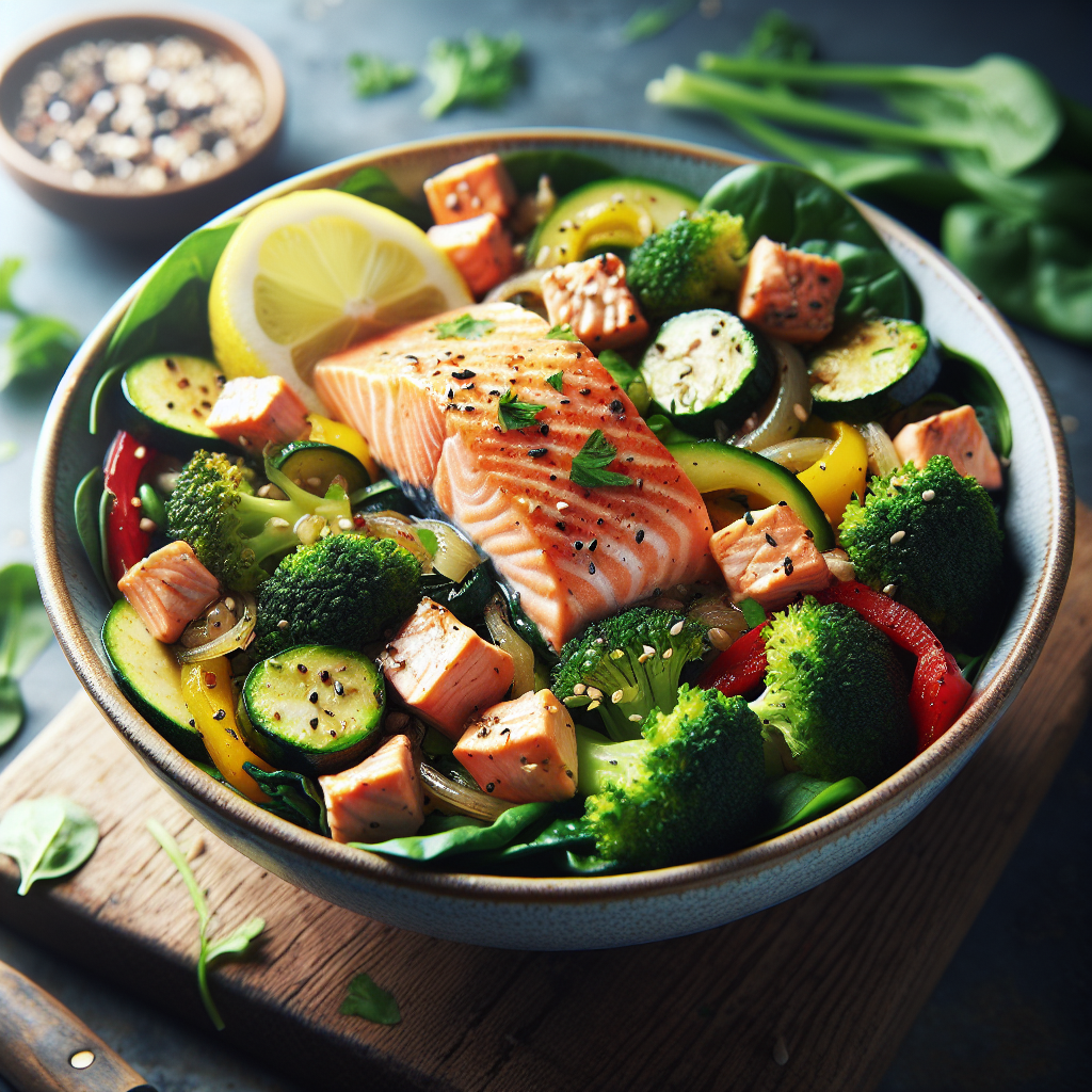 Heart-Smart Food Guide with salmon, vegetables, greens, and heart-healthy foods